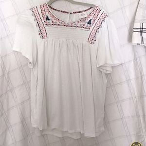 Knox Rose Womens Large White Boho Embroidered Smocked Flutter Sleeve Blouse Top